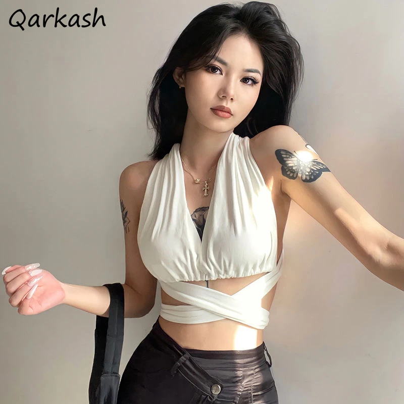 Solid Halter Camis Women Korean Style Sexy Criss-cross Backless Crop Tops Fashion Charming Streetwear Hot-sweet Low Cut Tanks