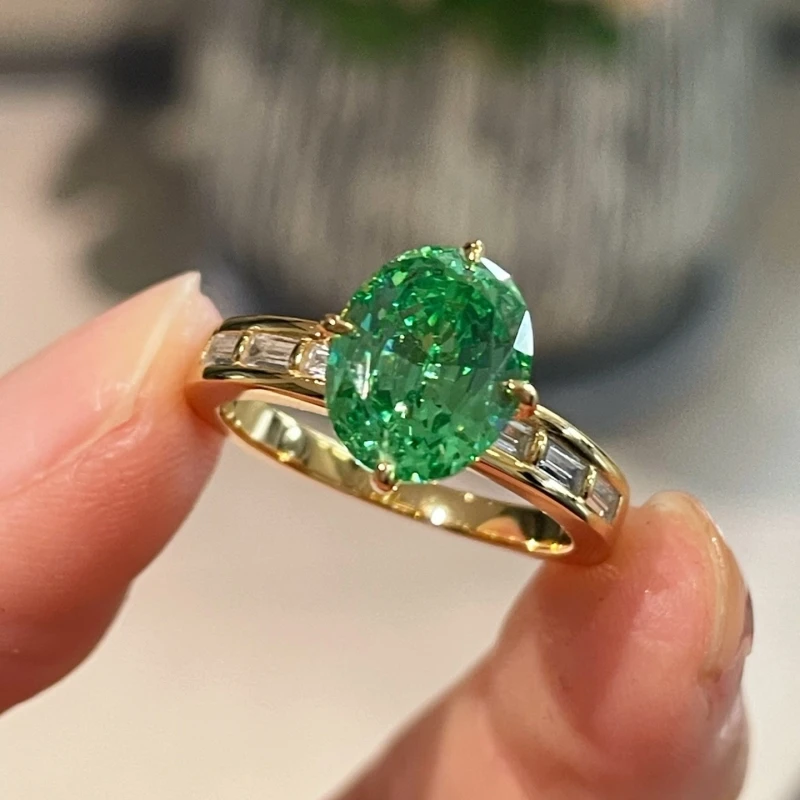 Bellux 925 Silver Ring Gold-plated Synthetic Oval Paraiba Green Candy T-square Gold Fashion Rings