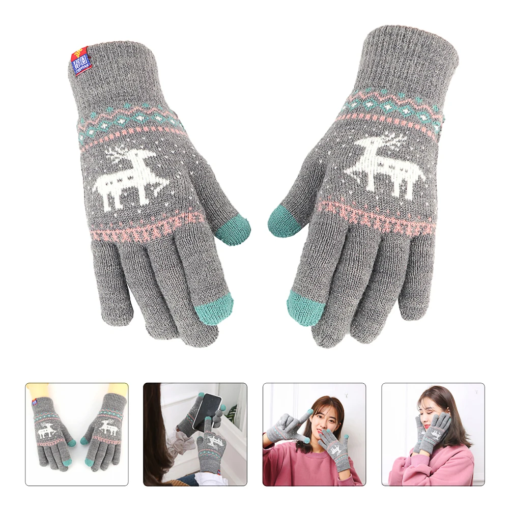 

1Pair Touch Screen Compatible Gloves Winter Warm Knitted Full Finger for Women Thermal Hands Protection Christmas Design
