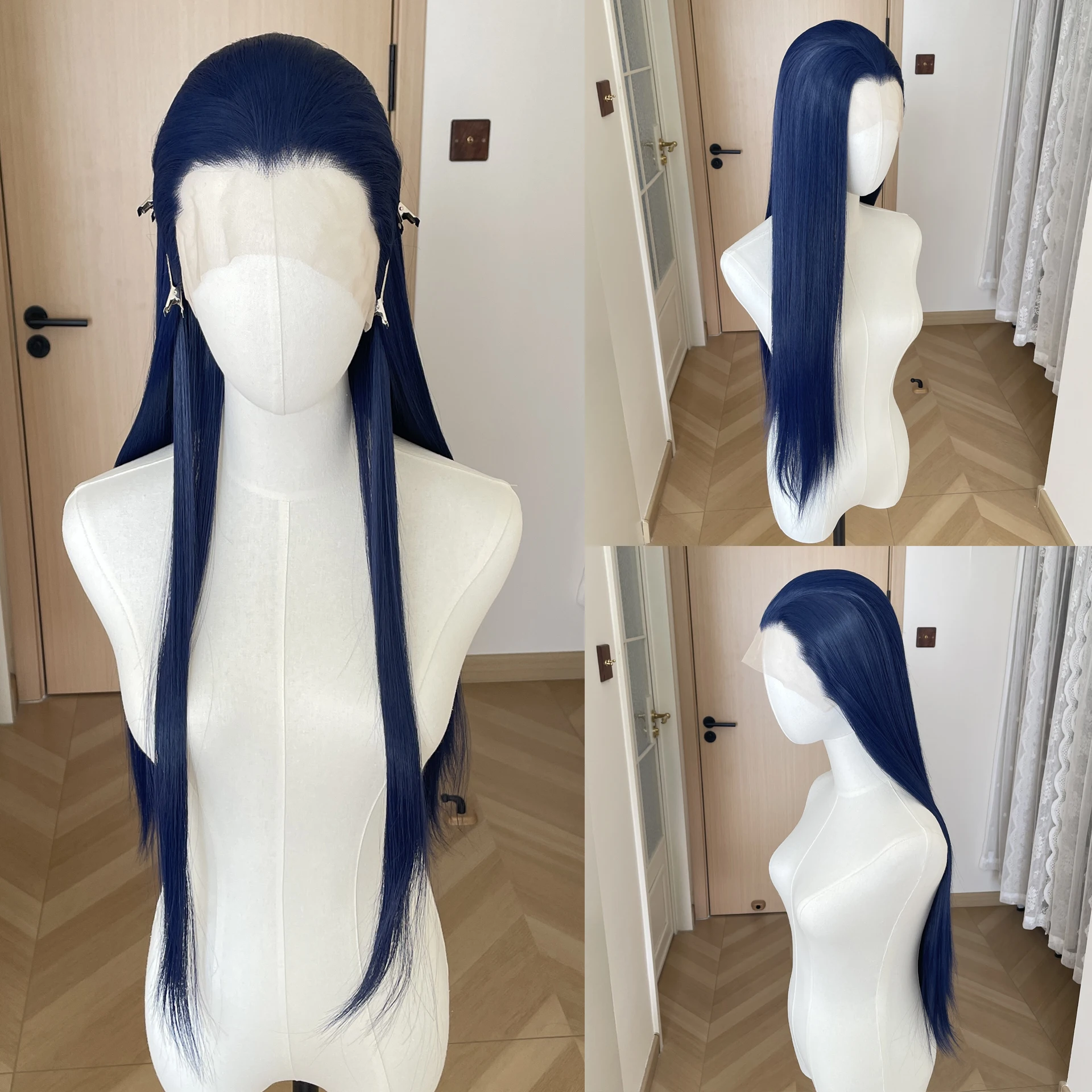 ウィドウズピーク-ダークブルーエルフ-コスプレ-26インチ-ロング-ストレート-グルーレスウィッグ-女性用-13x4-合成レースフロントウィッグ-フリーパート-150