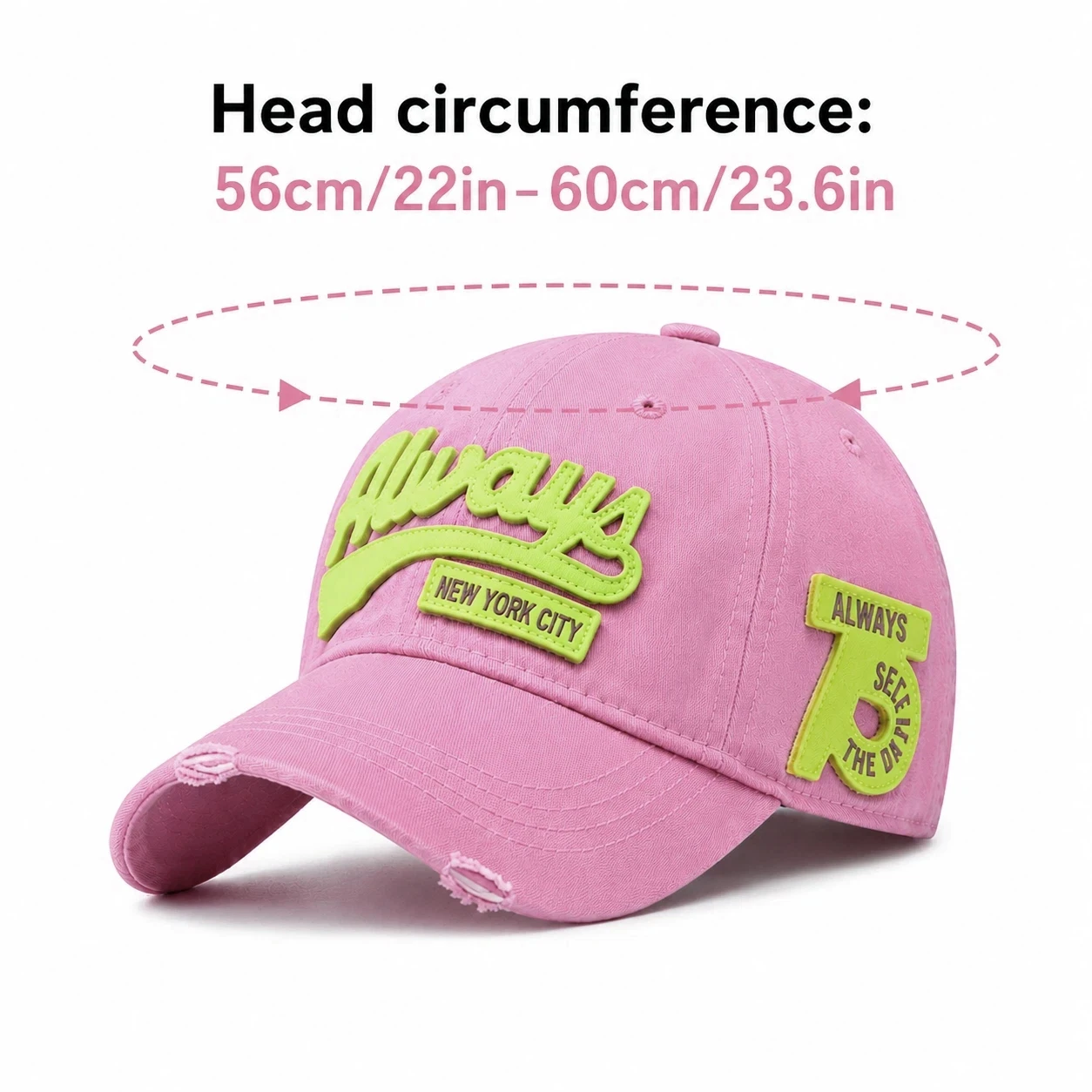 Neon Embroidery Baseball Cap Always Letter Patch Distressed Curved Brim Casual Streetwear Hat For Men Women Fashion Caps