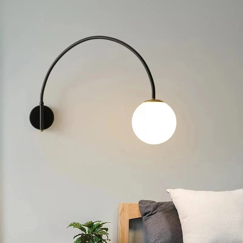 Nordic Black Arm Opal Glass Globe Wall Sconce, Mid-Modern LED Wall Lamp Bedroom Bathroom Vanity
