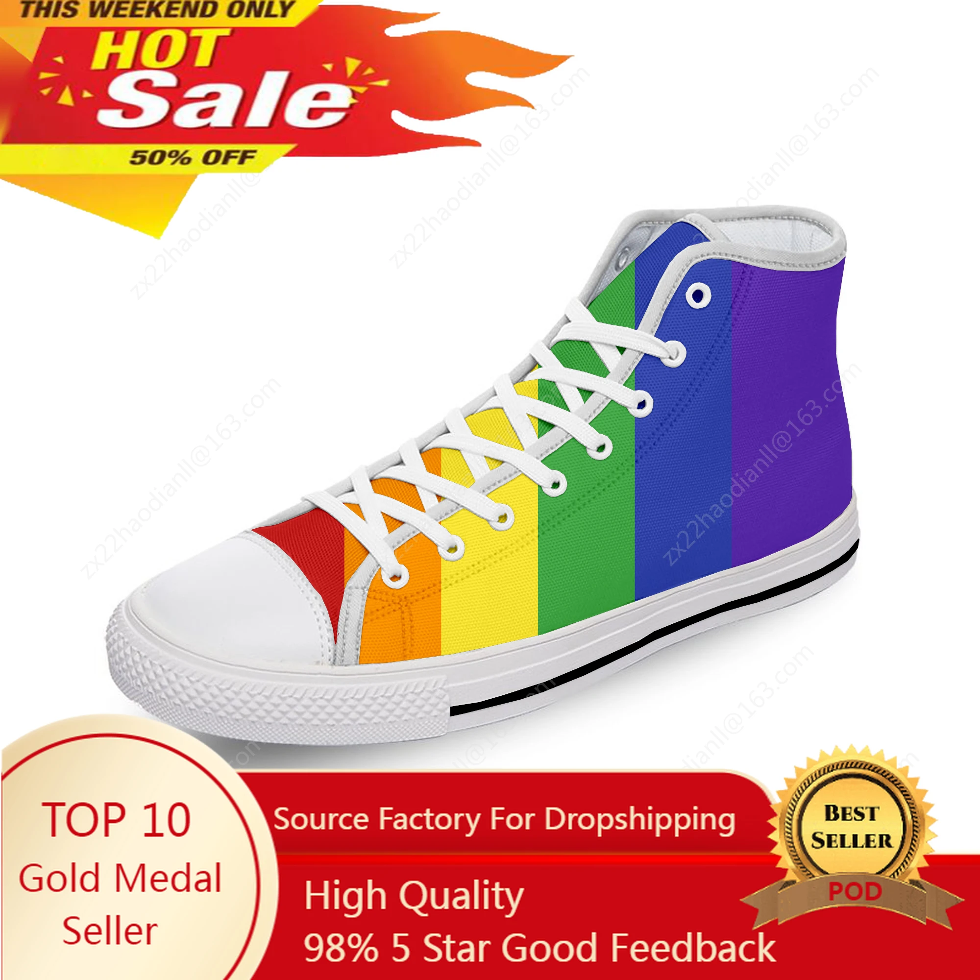 Rainbow LGBT Gay Pride Flag Lesbian White Cloth Fashion 3D Print High Top Canvas Shoes Men Women Lightweight Breathable Sneakers