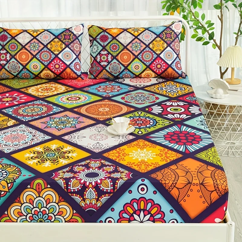 Fashion Bohemian Plaid Printed Fitted Sheet Soft Comfortable Bedding Set For Bedroom Guest Room (1* Fitted Sheet+2*Pillowcases)
