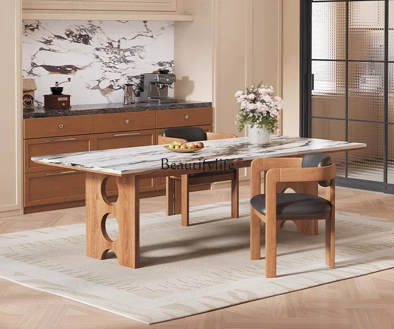 

4French medieval natural luxury stone dining table solid wood art cave stone slab table square