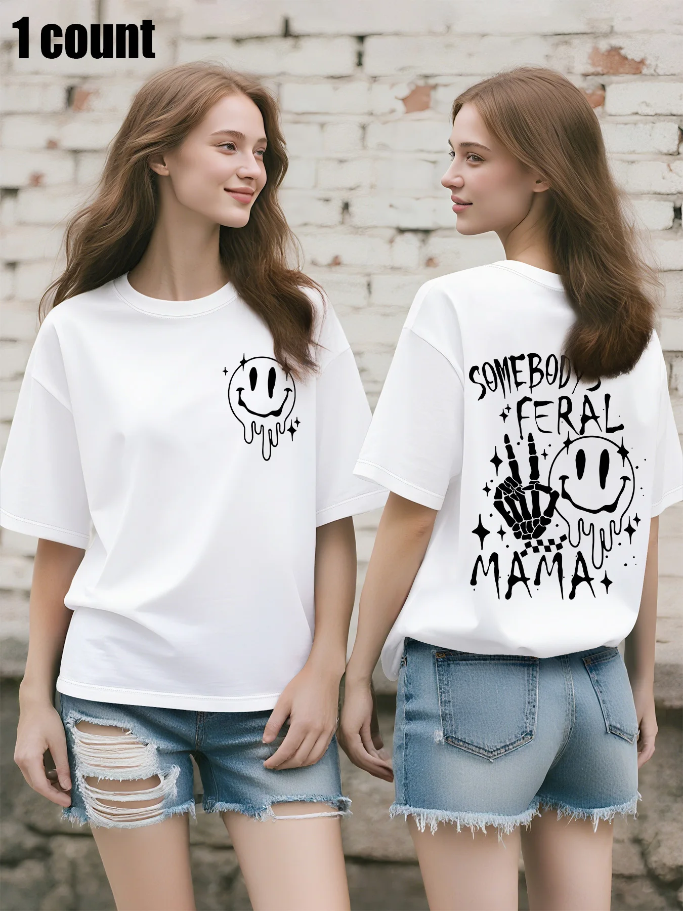 

Женская футболка больших размеров, принт со смайликом спереди, графика «Somebody's Feral Mama» с жестом руки, повседневная острая футболка