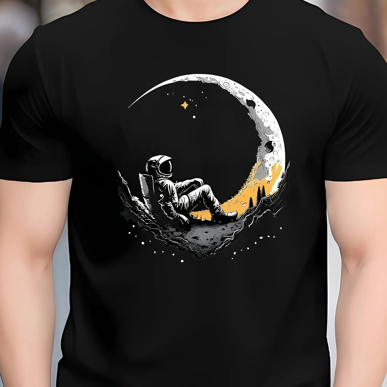Men's 100% Cotton Summer Crew Neck T‑Shirt, Moon‑Landing Theme Print, Sports Casual Loose‑Fit Plus‑Size Daily Short Sleeve Top