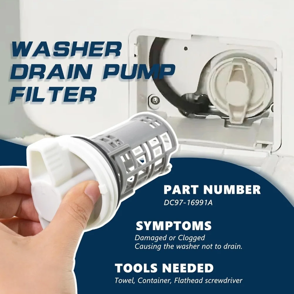 

Сменный фильтр для сливного насоса стиральной машины Samsung DC97-16991B, предназначенный для предотвращения засорения и обслуживания.