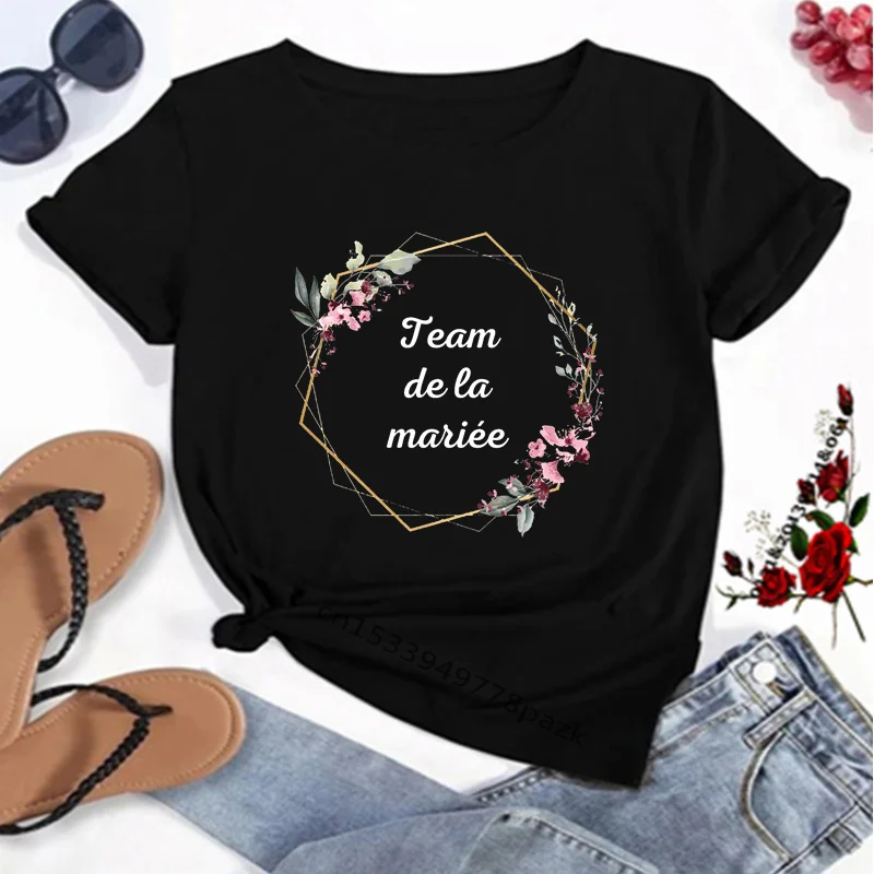 Team De La Mariee Floral Letter Print TShirts Bachelorette Party T-Shirts Wedding Party EVJF Pink Short Sleeve T Shirts Girls