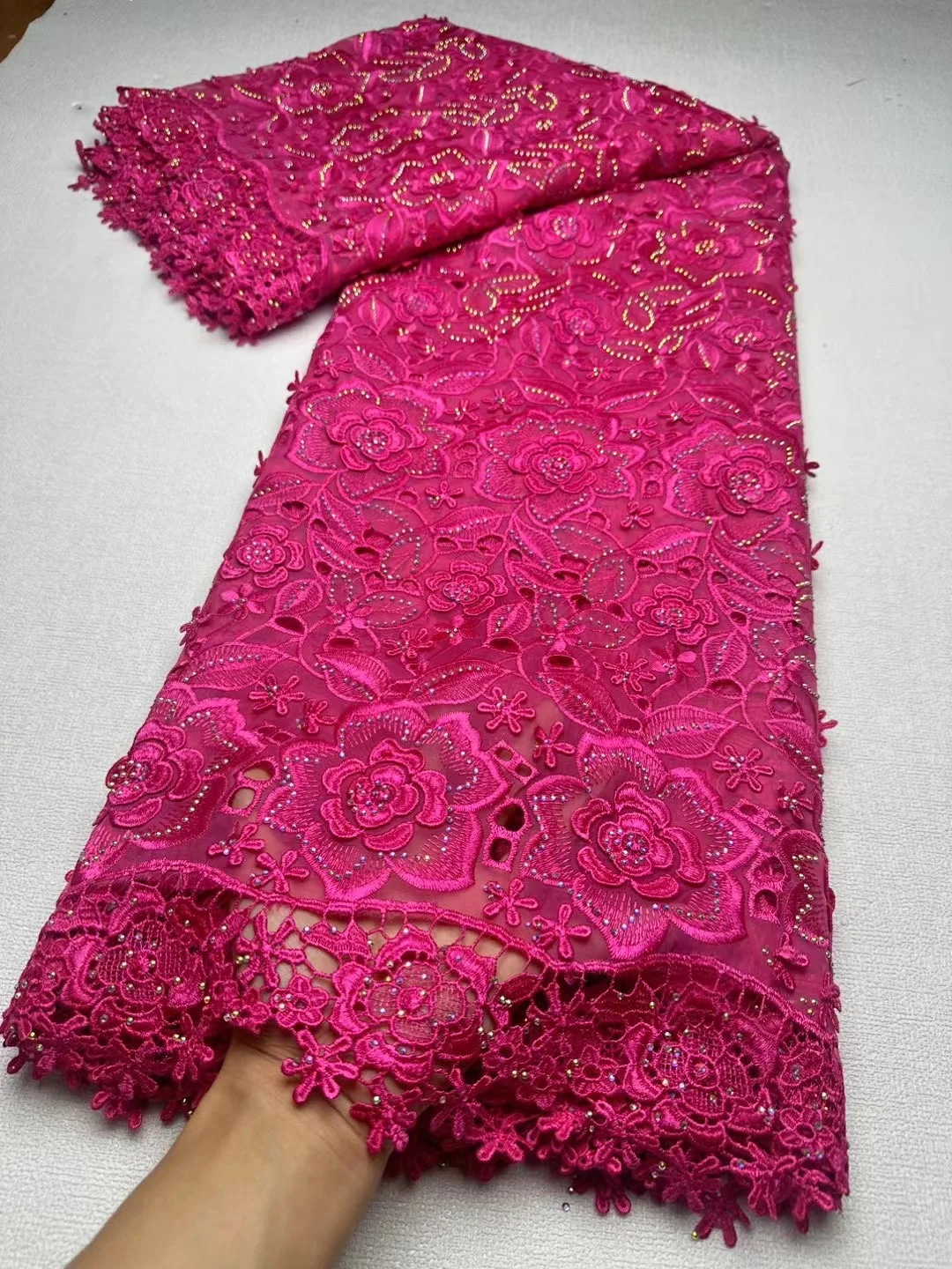 

Rose Red Luxury African Lace Fabric 2024 High Quality 5 Yards Nigerian Embroidered with Stones Mesh Material For Wedding JL394