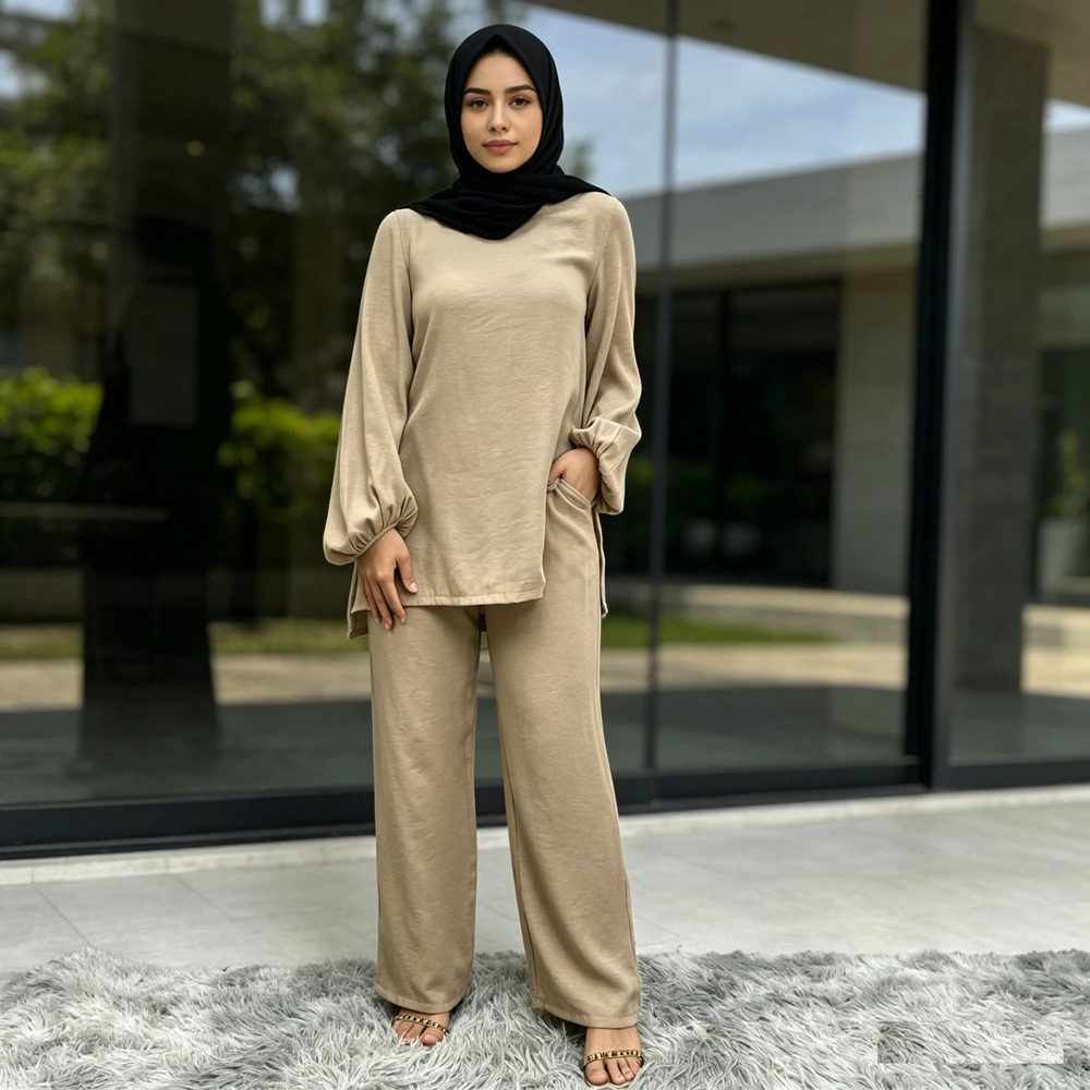 

2PCS Modest Muslim Women Sets Tops Pants Ramadan Turkey Dubai Kaftan Islam Clothing Caftan Femme Musulman Ensembles Casual Arab