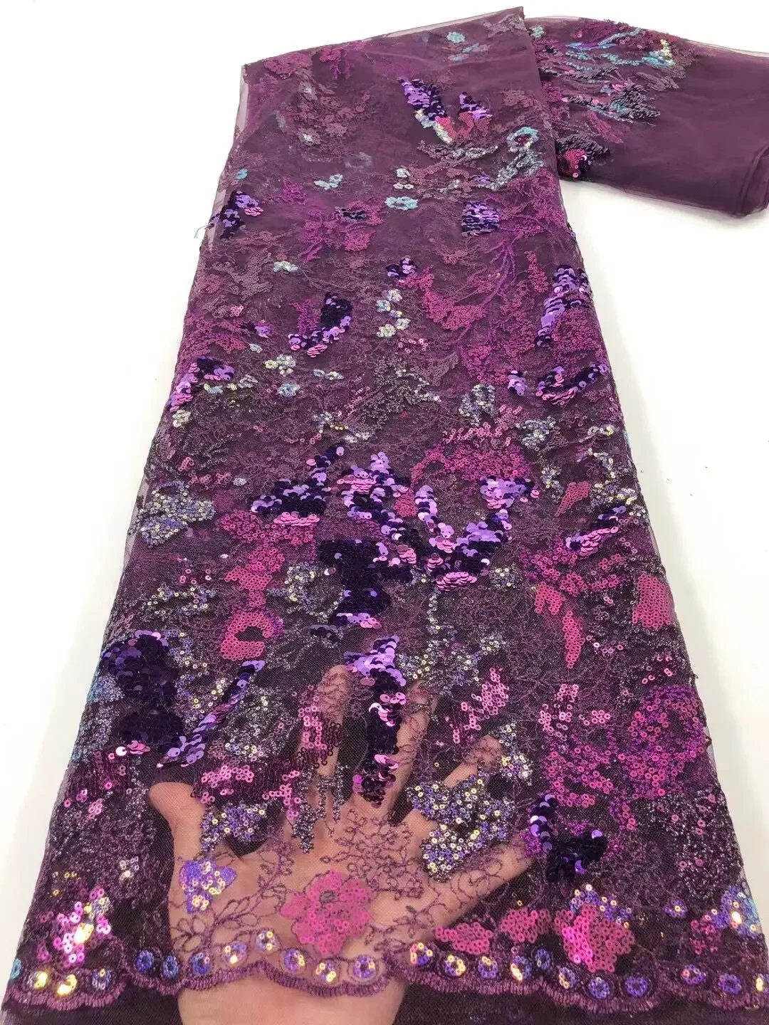 

2021 Latest African Sequins Lace Fabric Embroidery Nigerian Tulle Lace French Milk Silk Lace Fabric For Party