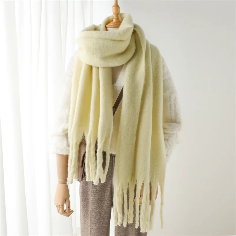 Winter Cashmere Neck Scarves Women Warm Mohair Shawl Solid Wool Color Scarf For Ladies Fashion Knitted Scarves With Tassels 2024