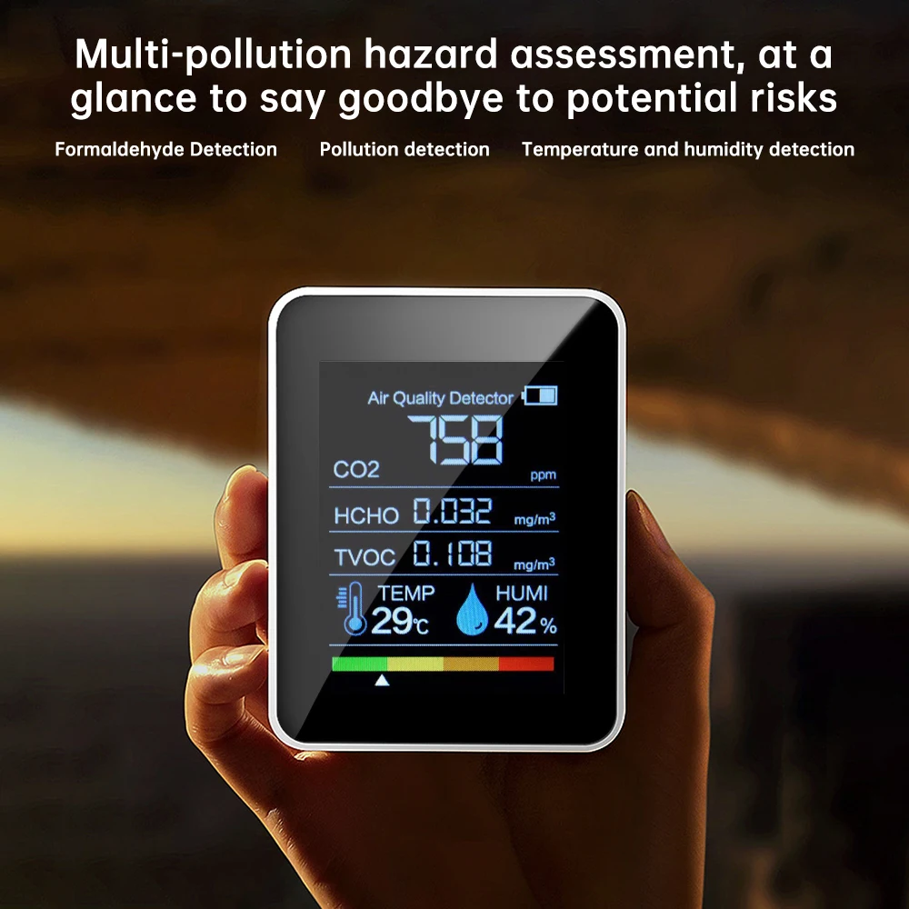 Detector Portátil de Dióxido de Carbono 5 em 1: Monitor de Qualidade do Ar para HCHO, TVOC, CO2, Temperatura e Umidade com Alarme Sonoro e Luminoso Tipo C