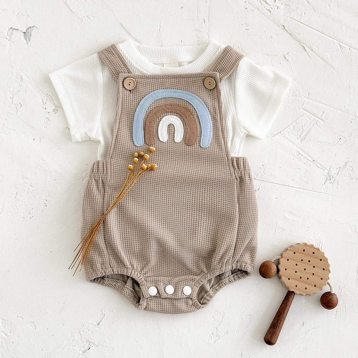 Kleinkind Regenbogen Patchwork Sweatshirt Strampler INS Korea Neugeborene Baby Mädchen Jungen Overalls Strampler Overalls + T-shirt Outfit 2PCS