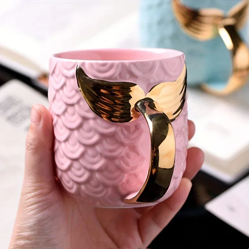 Creative 400ML Golden Mermaid Tail Ceramic Cup with Handle Creative Tea Coffee Milk Personality Mug Fishtail Cup Exquisite Gift