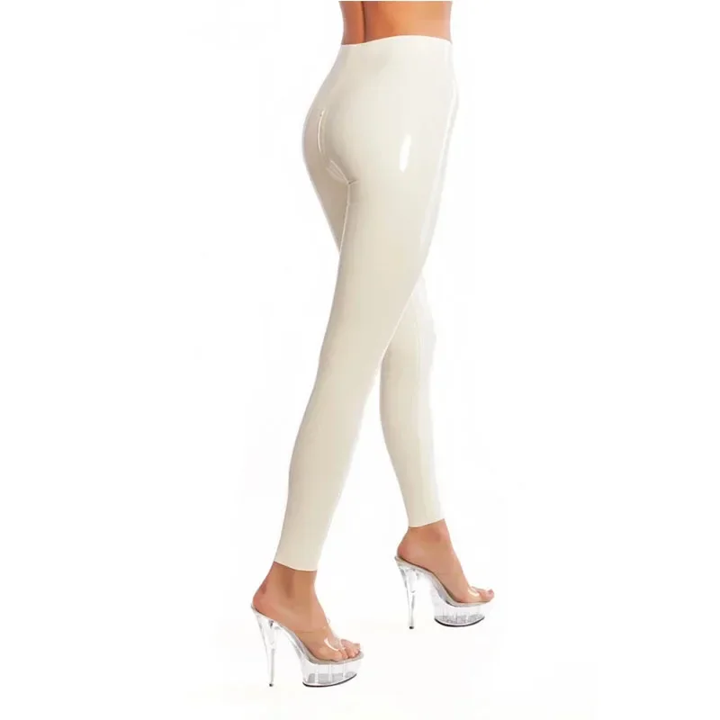 

High Waist Handmade Pants White Latex Leggings With Crotch Zip Rubber Trouser MN9