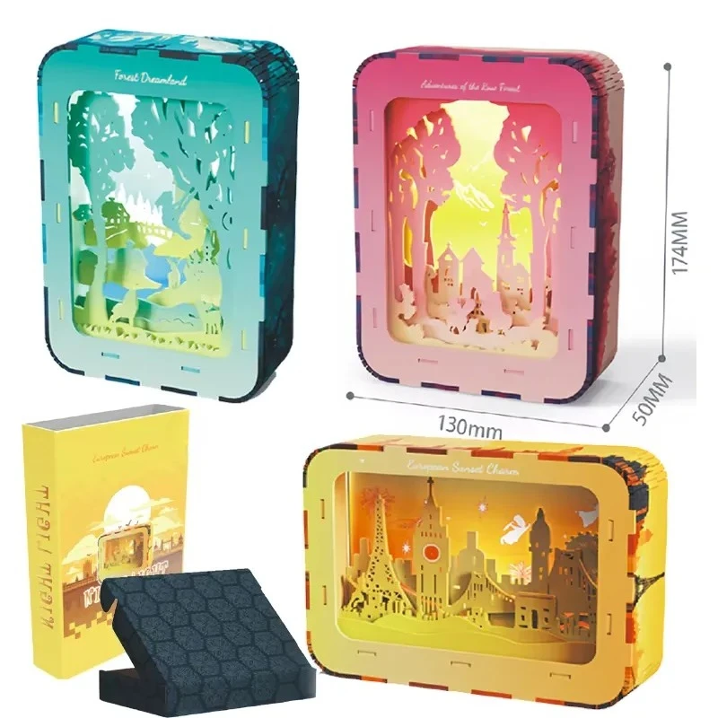 DIY Miniature Book Corner Wooden Puzzle 3D LED Night Light Educational Toy Bedroom Decor Christmas Gift for Kids