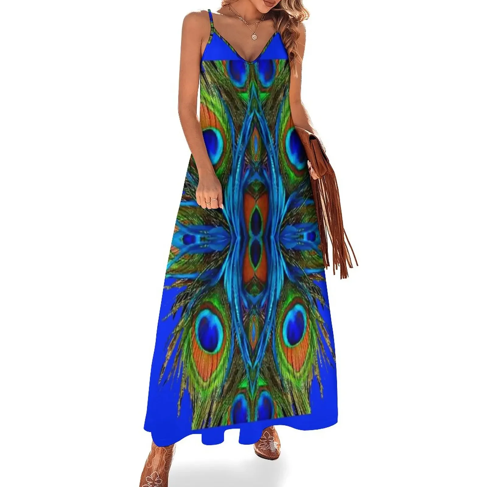 

AWESOME BLUE ON & BLUE PEACOCK FEATHER ART ABSTRACT PATTERN Sleeveless Dress loose women's dress Summer skirt