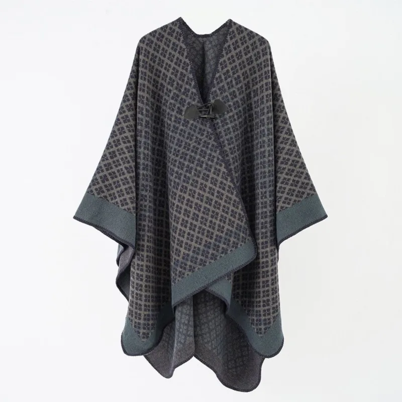 Vintage Plaid Poncho Unisex Oversized Shawl Wrap Toggle Closure Cape Coat Fall Winter Cardigan Cloak Casual Office