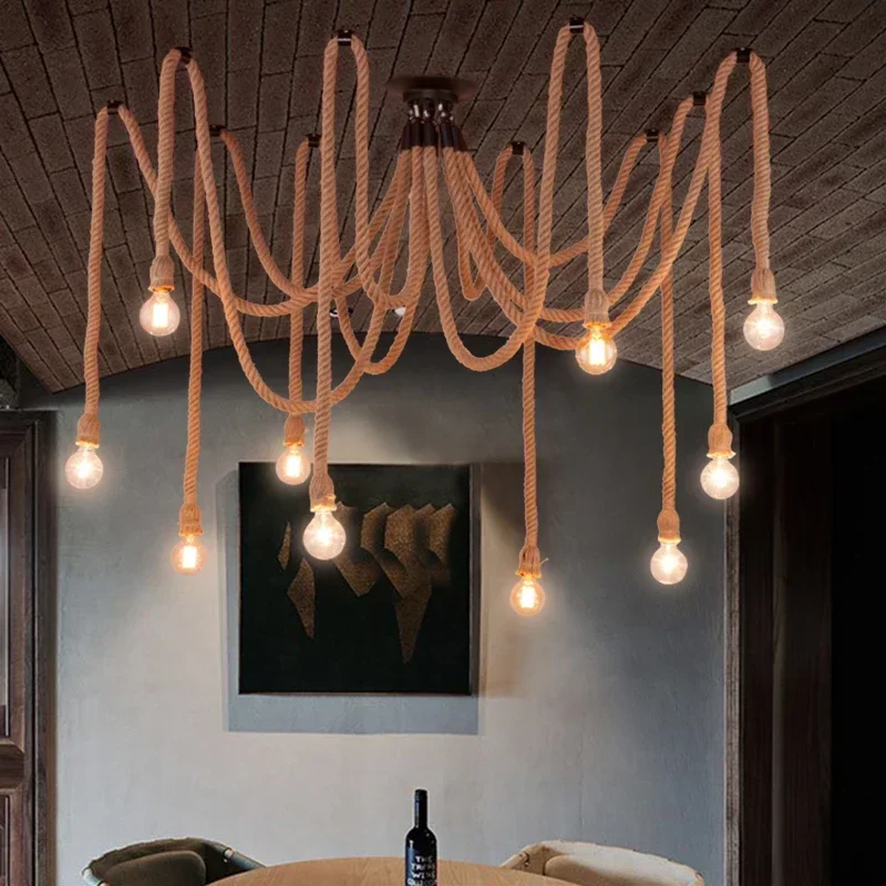 

Hemp Rope Chandelier for Shopping Mall LED Salon Lighting Ceiling Spider Pendant Lights Vintage Chadneliers Led Lights E27