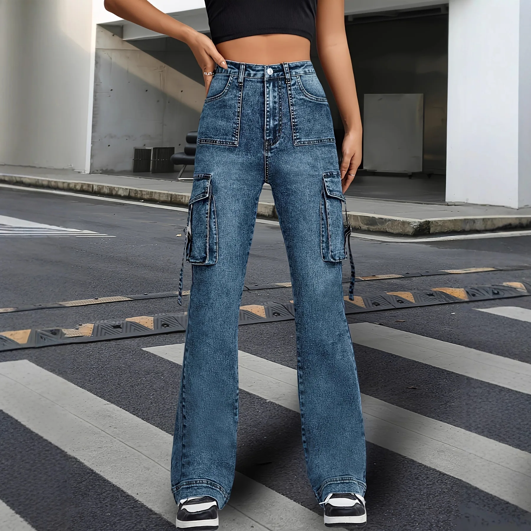 

American Retro Mid-waist Multi-pocket Cargo Pants Jeans, Women's Casual Loose Straight Long Pants, Patchwork Jeans,Spring Autumn