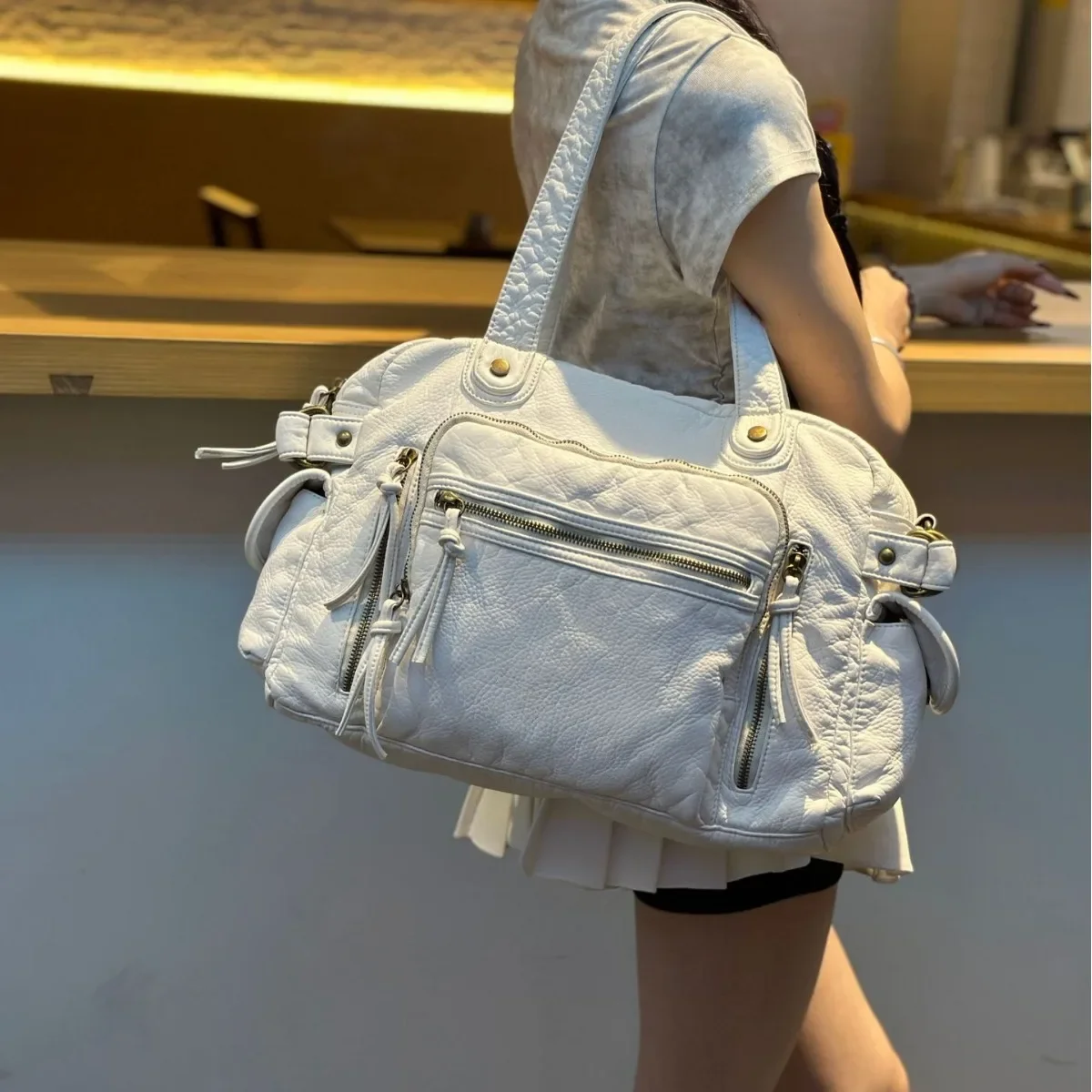 Women's fashion retro old motorcycle bag large capacity washed Y2K hot girl shoulder messenger bag