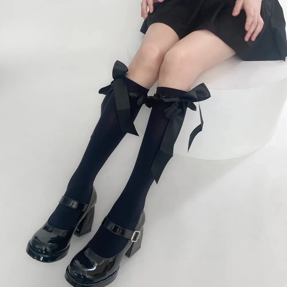 

Black Bandage Bowknot Knee High Socks for Girls Thigh High Stockings Women JK Japanese Style Lolita Kawaii Cute Thigh High Socks
