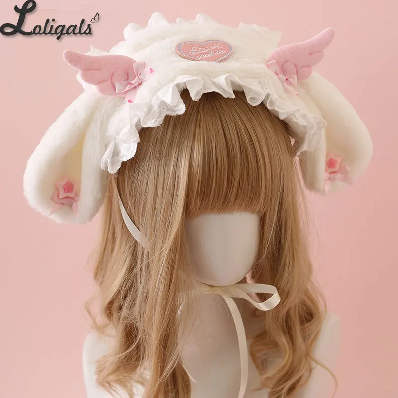 Sweet Lolita Rabbit Ear Headband Subculture Cute Plush Angel Wings Lady's Hair Accessories