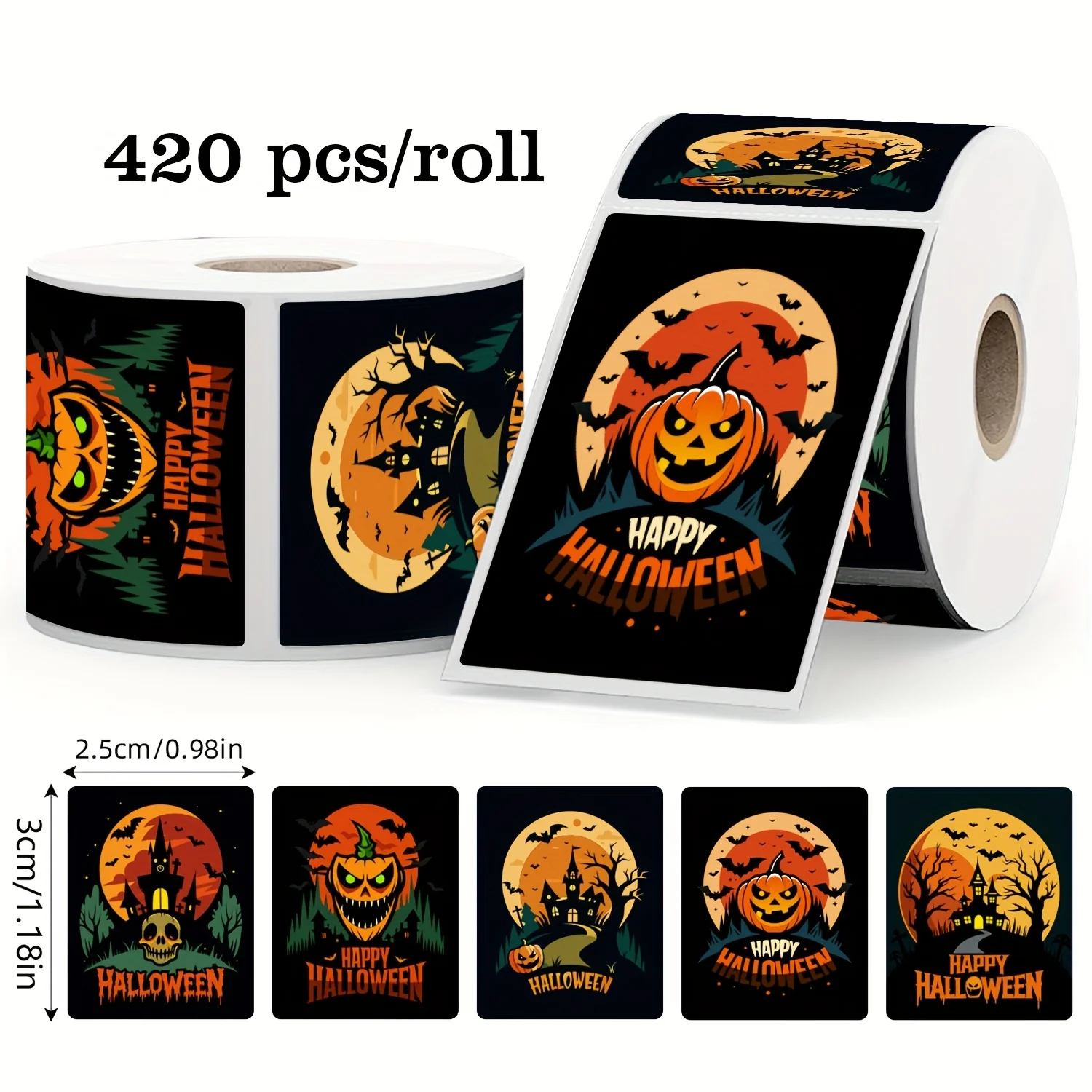 420Pcs/roll Halloween Horror Pumpkin Graffiti Sticker 5 Rectangle Designs PVC Self-Adhesive Sealing Labels Decor Party Supplies