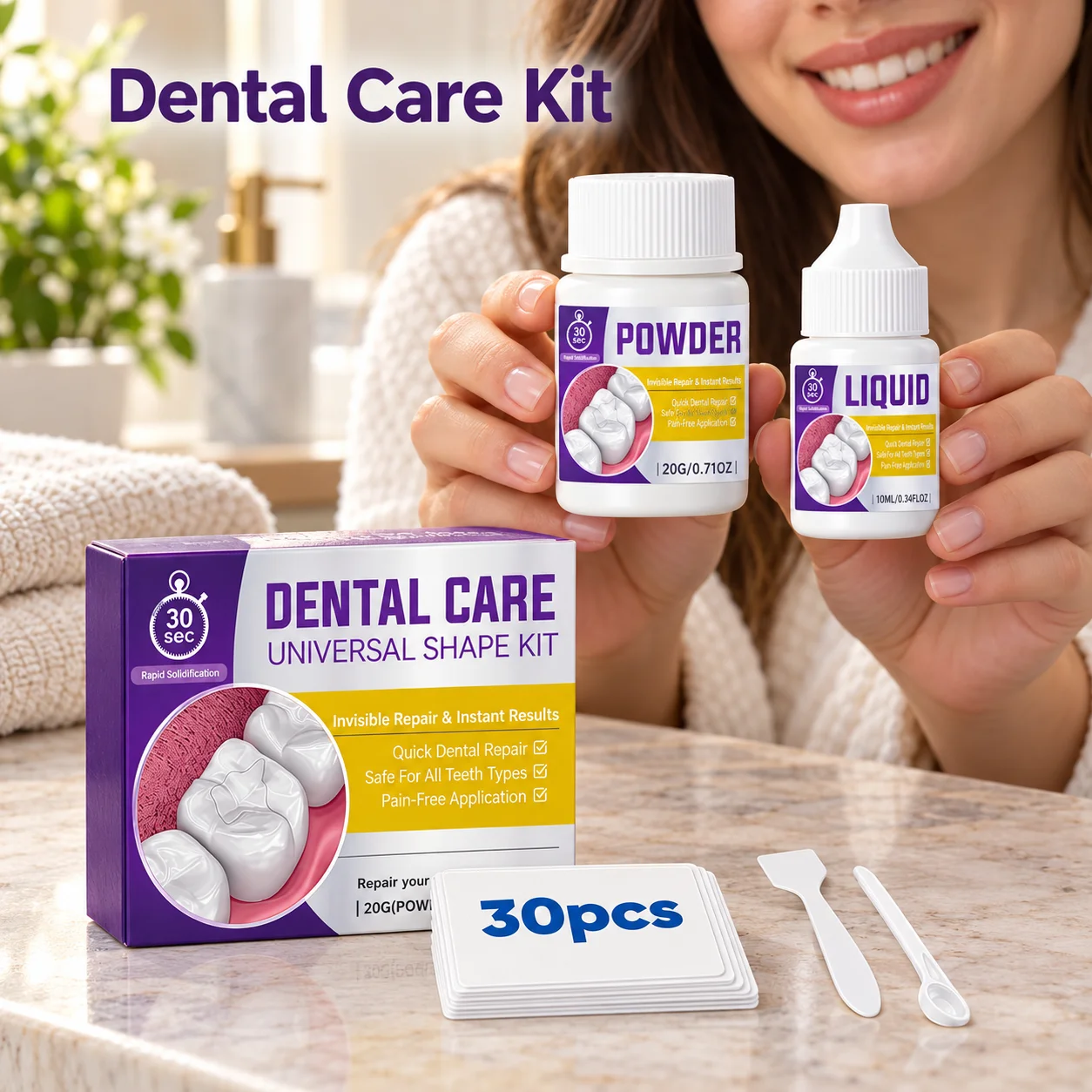 Dental Repair Powder And Liquid Set With 20g Powder And 10ml Liquid Supplied With Handheld Tools And Sheets For Material Mixing