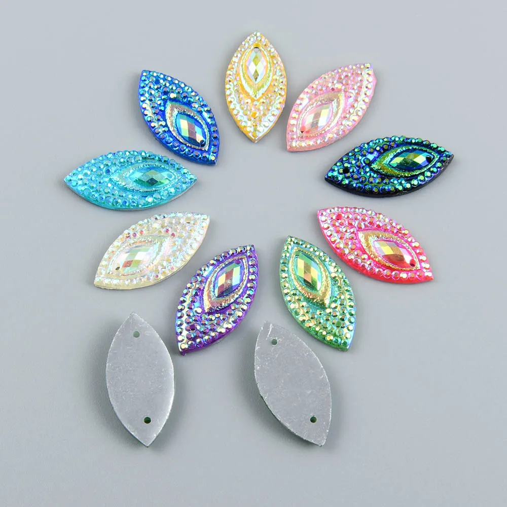 40pcs 11*22mm Shiny AB Flatback Marquise Resin Rhinestones Ornaments  Sew on Wedding/Home Decoration DIY Applique Design Apparel