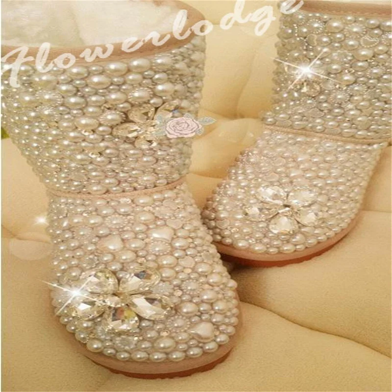 Handcrafted luxury pearl rhinogon accessories Fur one women's plus-size casual thickened Snow boots Plus-size 35-44