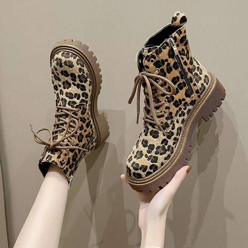 Shoes for Women 2023 Fashion Lace Up Women Boots Winter Round Toe Leopard Print Short Barrel Chunky Heels Zipper Plus Size Boots