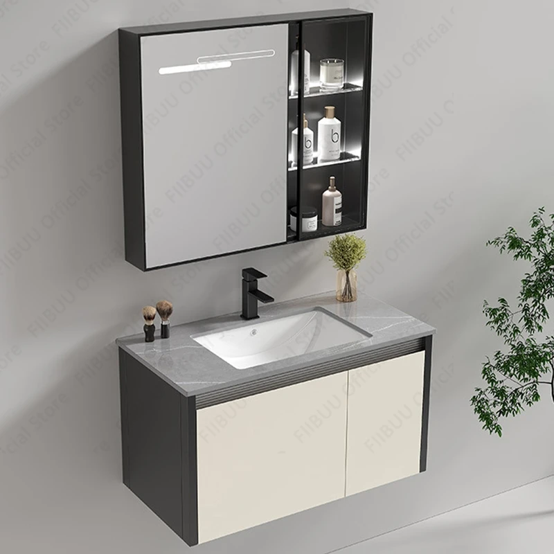 Multifunctional Modern Bathroom Vanity Mirror Cabinet With Grey Countertop Integrated Artistic Ceramic Sink Bathroom Furniture