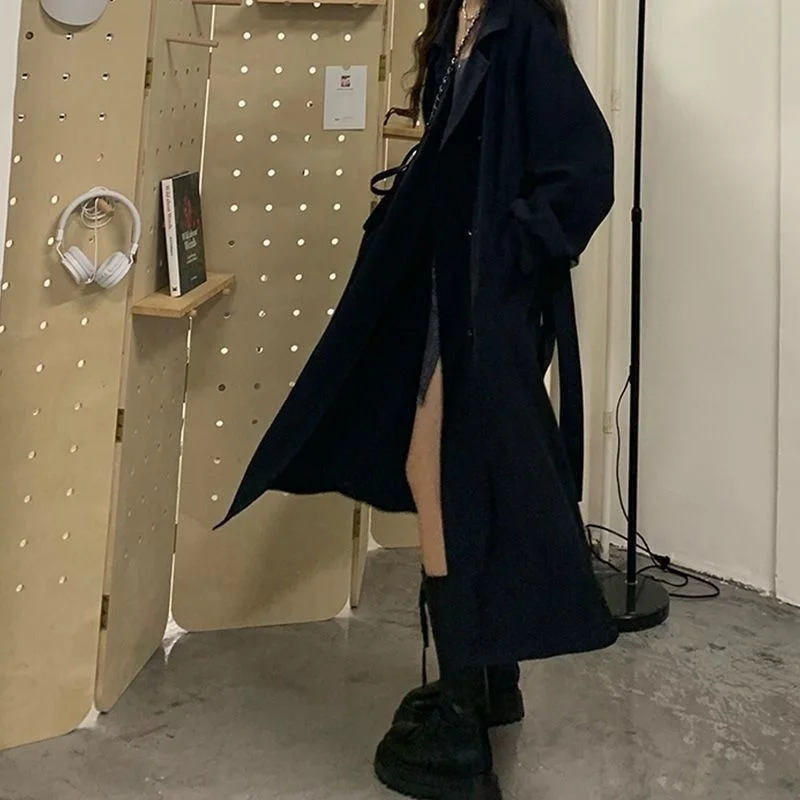 

Black Trench Coat Woman Windbreaker For Girls Folding Modest Handsome Ribbed Raincoats Button-Up Year Trim Washed Shaped Roupas