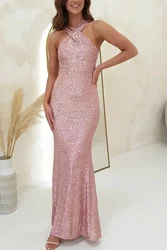 2024 Spring Women Evening Mermaid Dress Sequined Pink Elegant Long Party Dresses Female Summer Club Fashion Clothes Lady