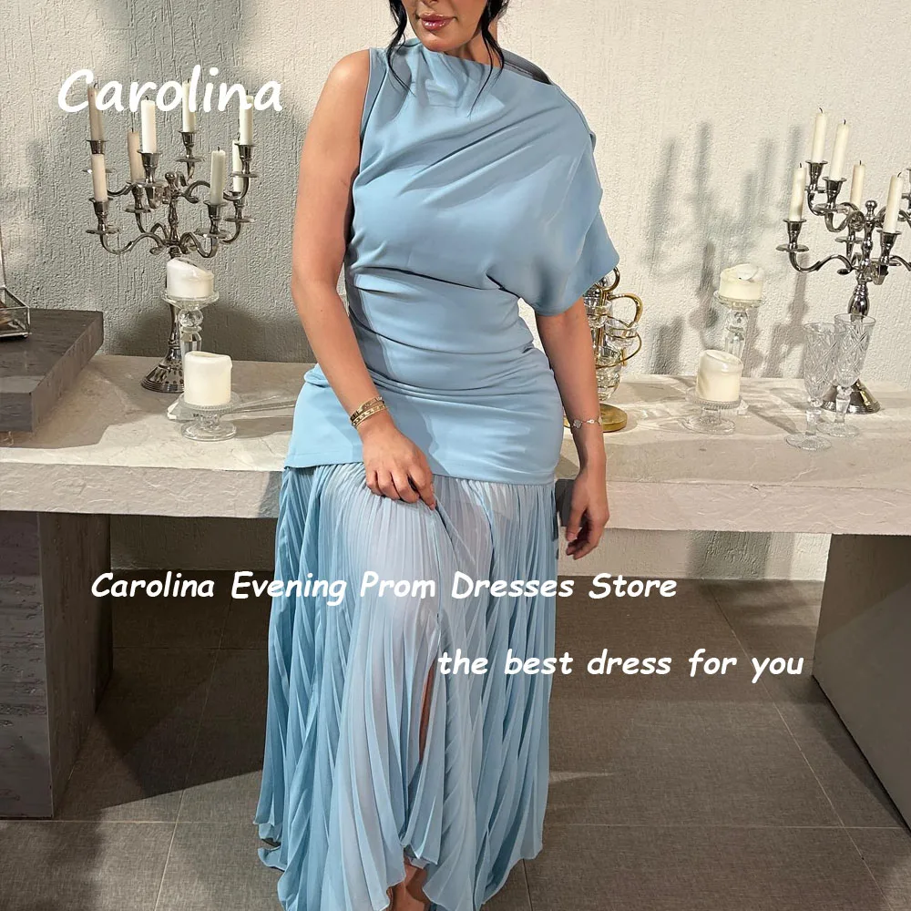 Carolina Blue One-Shoulder Crepe Mermaid Prom Gowns 2024 High Quality Slim Short Sleeve Ankle-Length Formal Evening Dress