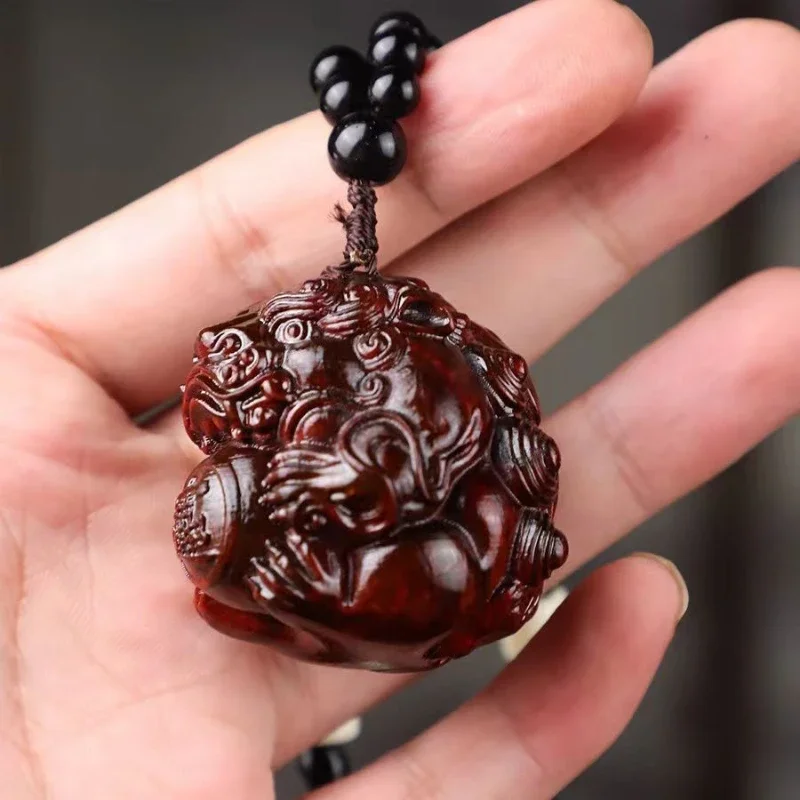 

Lobular Red Sandalwood The God Of Wealth Carvings Money Drawing Pendant Handmade Carved Ornaments Office Decoration Accessories