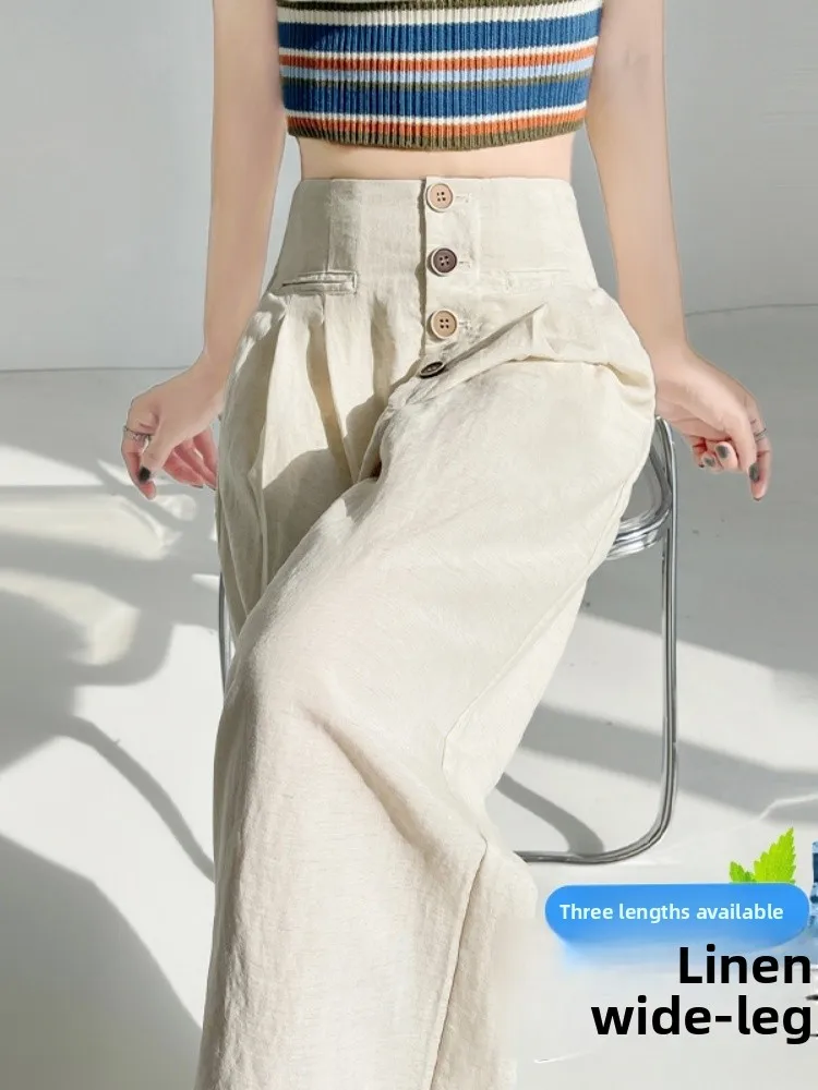 

Широкие брюки с высокой талией, женские летние тонкие ледяные шелковые хлопковые льняные драпированные брюки прямого кроя, удобные повседневные брюки...