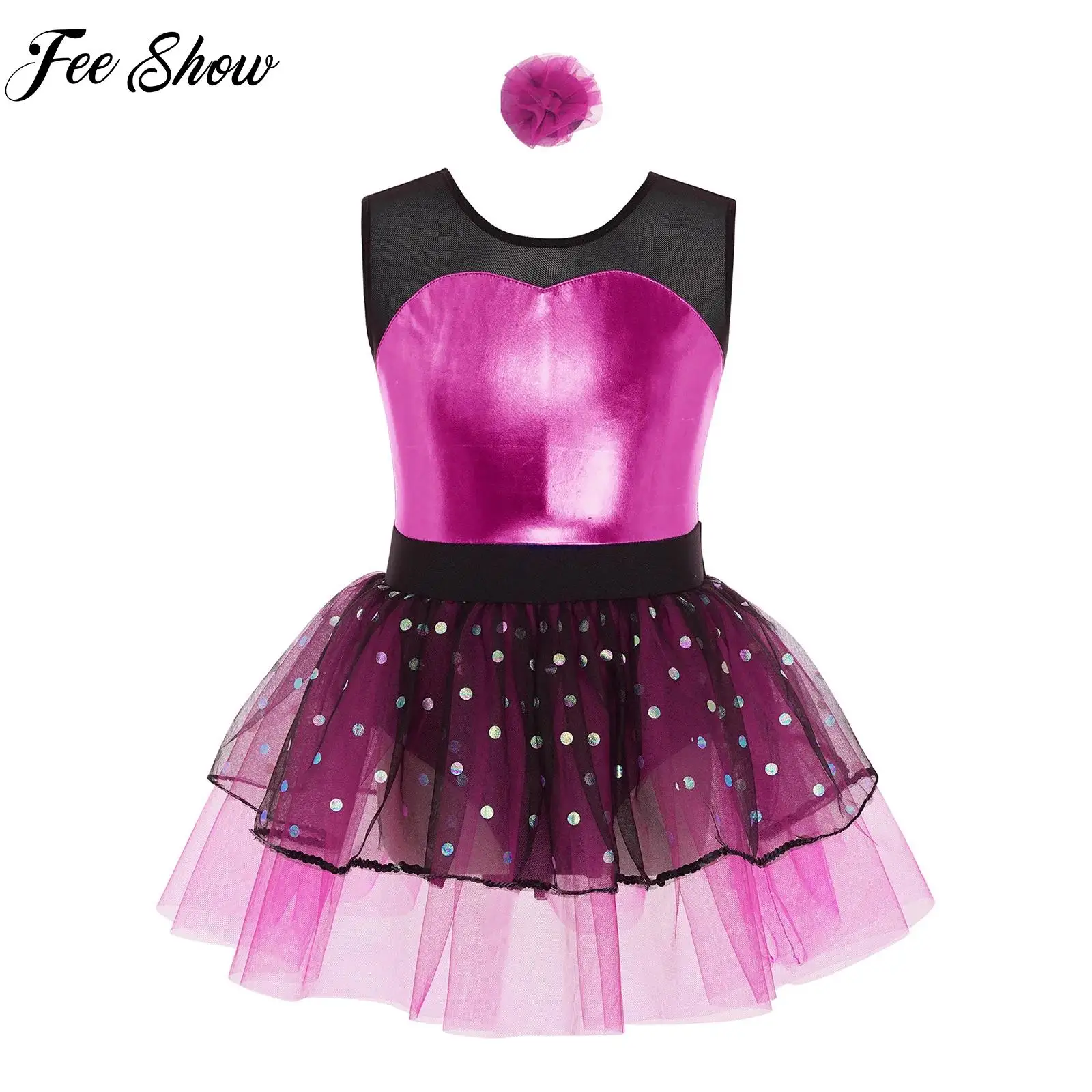 

Kids Girls Ballet Gymnastics Leotard Dress Figure Ice Skating Costume Sheer Mesh Metallic Bodice Tulle Tutu Dress for Stage Show