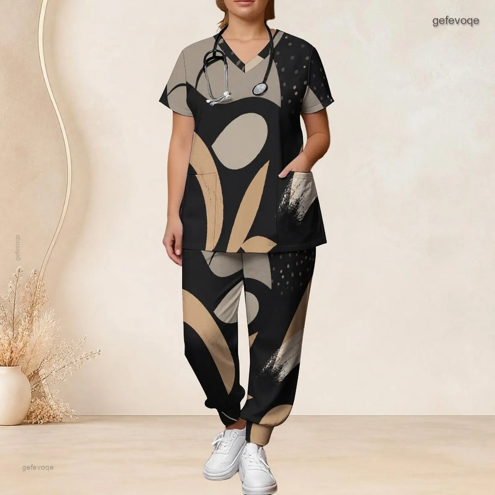 Women Printed Scrub Set V Neck Short Sleeve Pocket Top Long Pants Two Piece