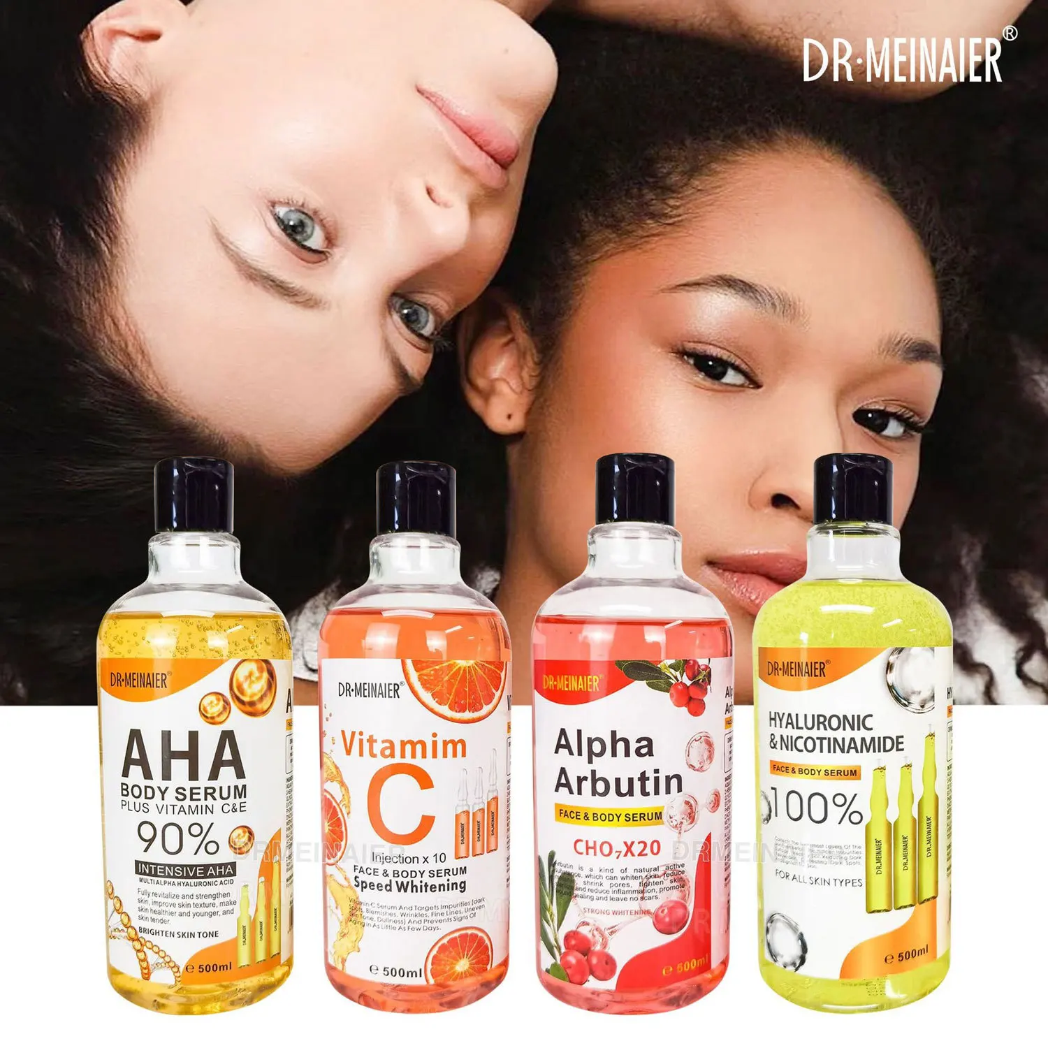 Sérum Facial de Ácido Hialurônico, Nicotinamida, Vitamina C e AHA, Corretor de Manchas, Iluminador e Hidratante, 500ml