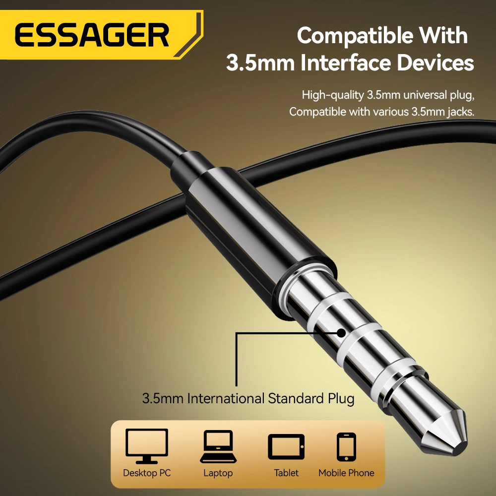 Essager 3.5 ملم سماعات أذن سلكية داخل الأذن سماعات أذن سلكية مع ميكروفون سماعات أذن استريو رياضية تحكم في الخط للهواتف
