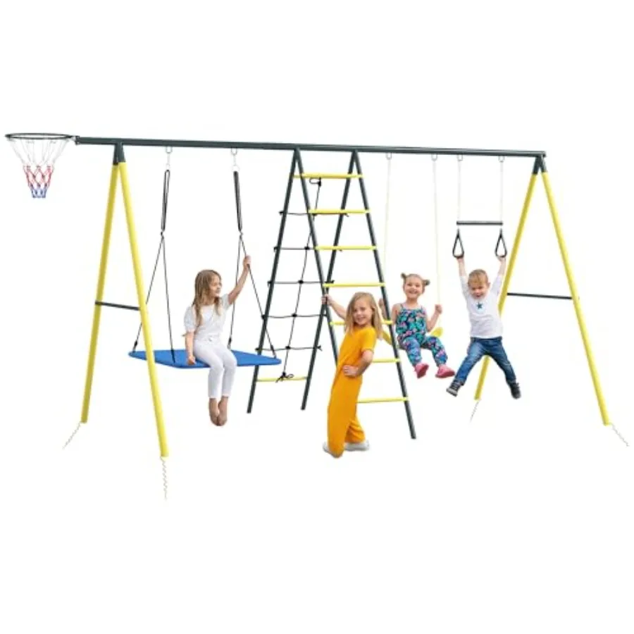 

Игровой комплекс для двора 5-в-1, сверхпрочный, с А-образной стойкой, грузоподъемность 440 фунтов, для улицы, с качелями-дисками, горкой, сиденьями для качелей и гимнастическими кольцами