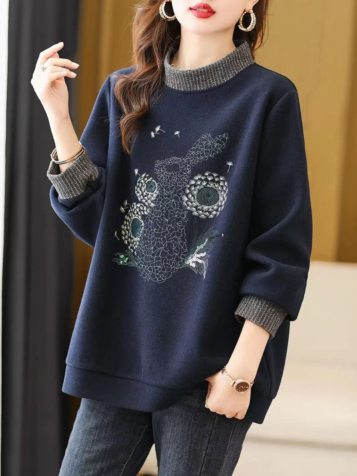 Ladies Oversized Cotton Hoodie High Collar Embroidered Loose Fit Slimming Versatile Stylish Autumn Winter New Arrival Outerwear
