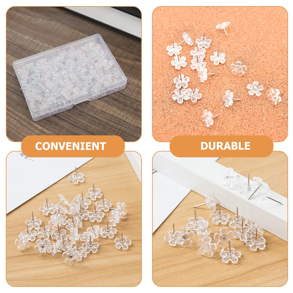 

100Pcs Transparent Flower Pushpins Delicate Thumb Tacks Multi- Supplies Reusable Small Push Pins for Home Office