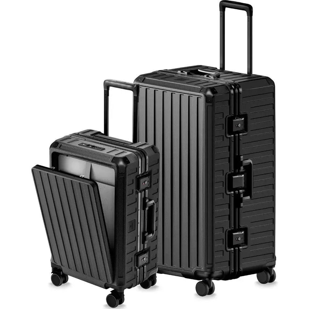 Set of 2 Spinner Luggage with TSA Lock, Hard Shell Suitcases, Front Open Design, 21 & 30, Black