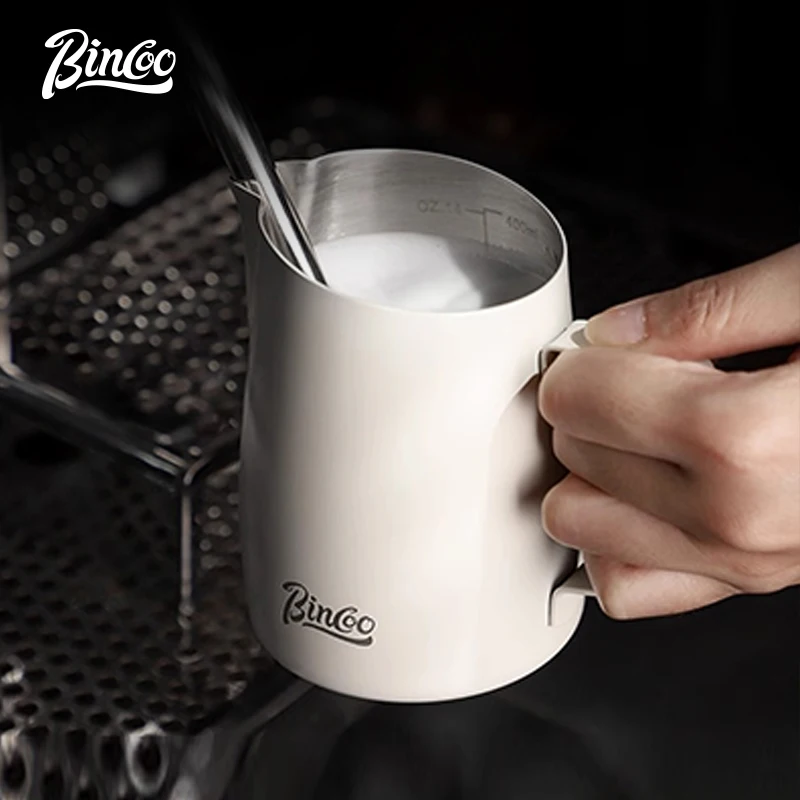 Bincoo slanted mouth pointed spout latte maker milk frother fancy coffee embossed latte cup 304 stainless steel milk frother