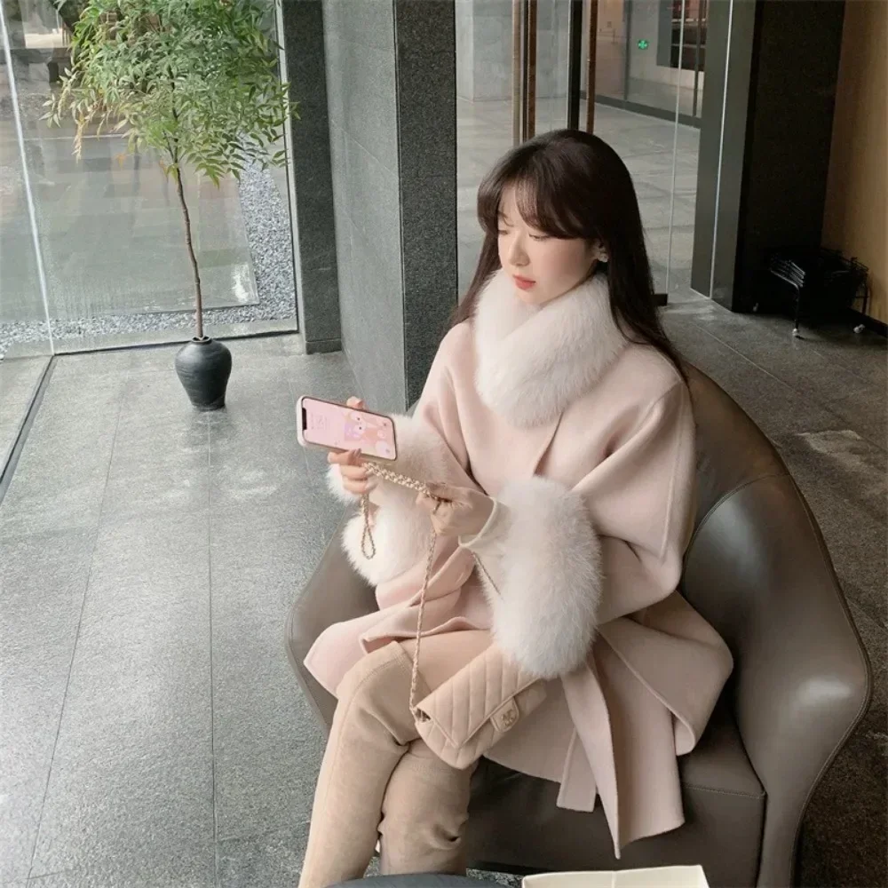 2024 New Autumn Winter Real Fox Fur Woolen Jacket Women Cloak Wraps Bat Nine-quarter Sleeve Wool Coat Female Long Loose Belt